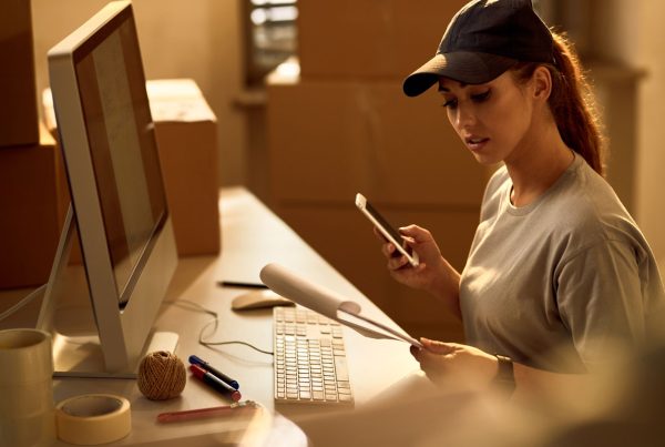 Mulher na frente do computador e com prancheta para planejar o processamento de pedidos e as etapas na dark store