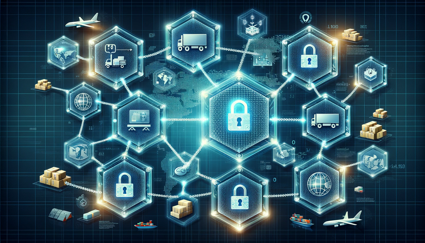 dall·e 2024 02 04 21.59.54 a digital blockchain illustration or infographic showing how blockchain technology operates in the logistics context. visualize interconnected blocks,