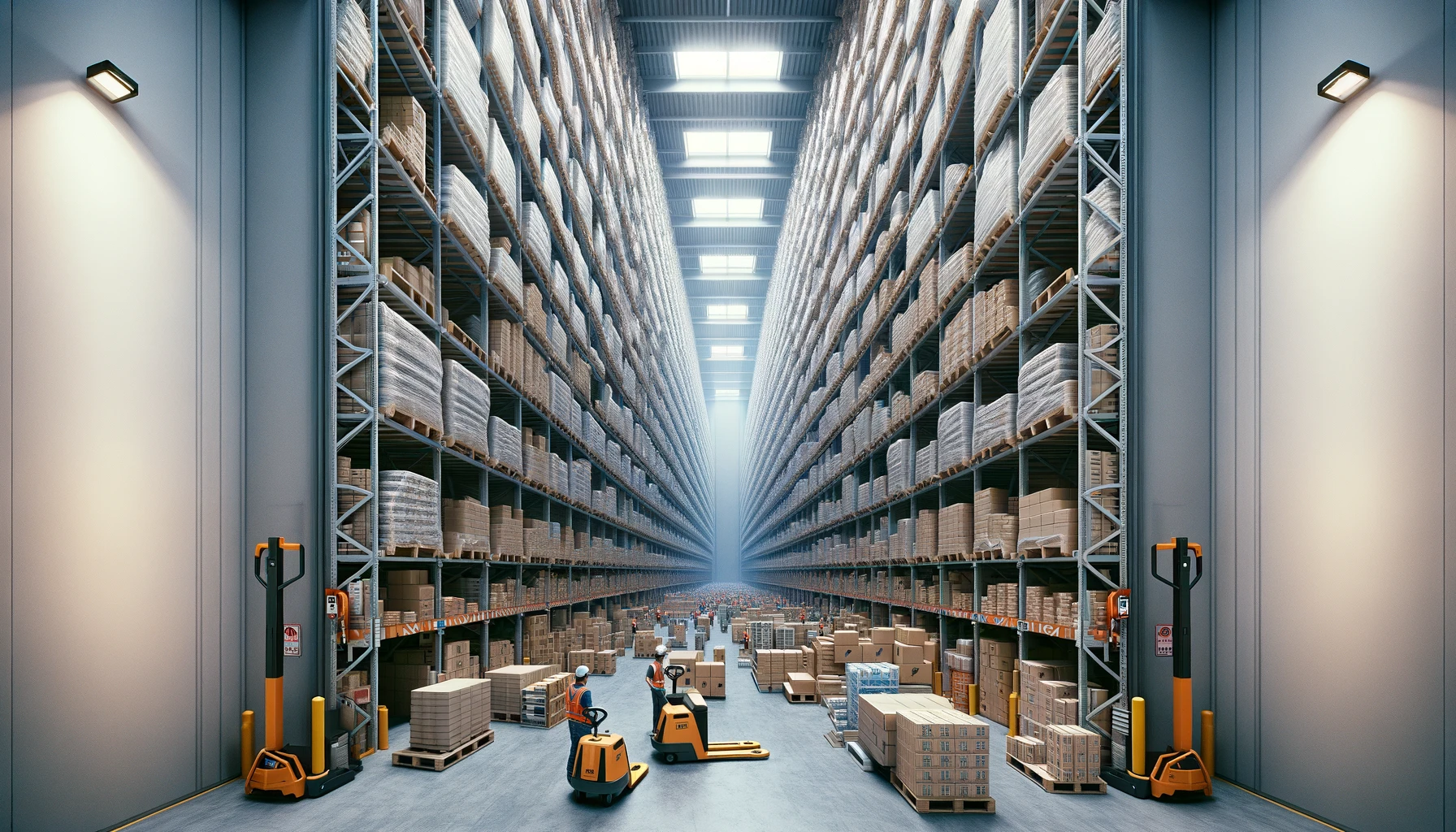 dall·e 2024 02 04 22.30.52 create a photo realistic image of the interior of a very compact warehouse where the ceiling height is extremely low, barely accommodating two pallets