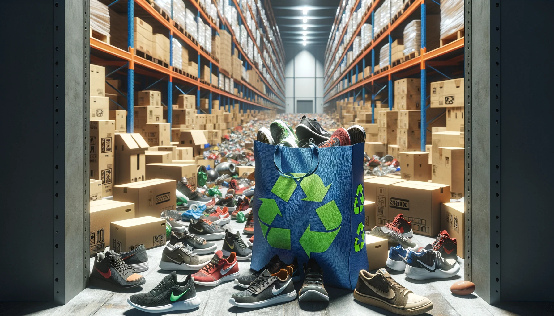 dall·e 2024 02 04 22.38.10 a photo realistic image showing a sustainable recycling initiative within a logistics context, similar to a program like nike's 'reuse a shoe'. visual