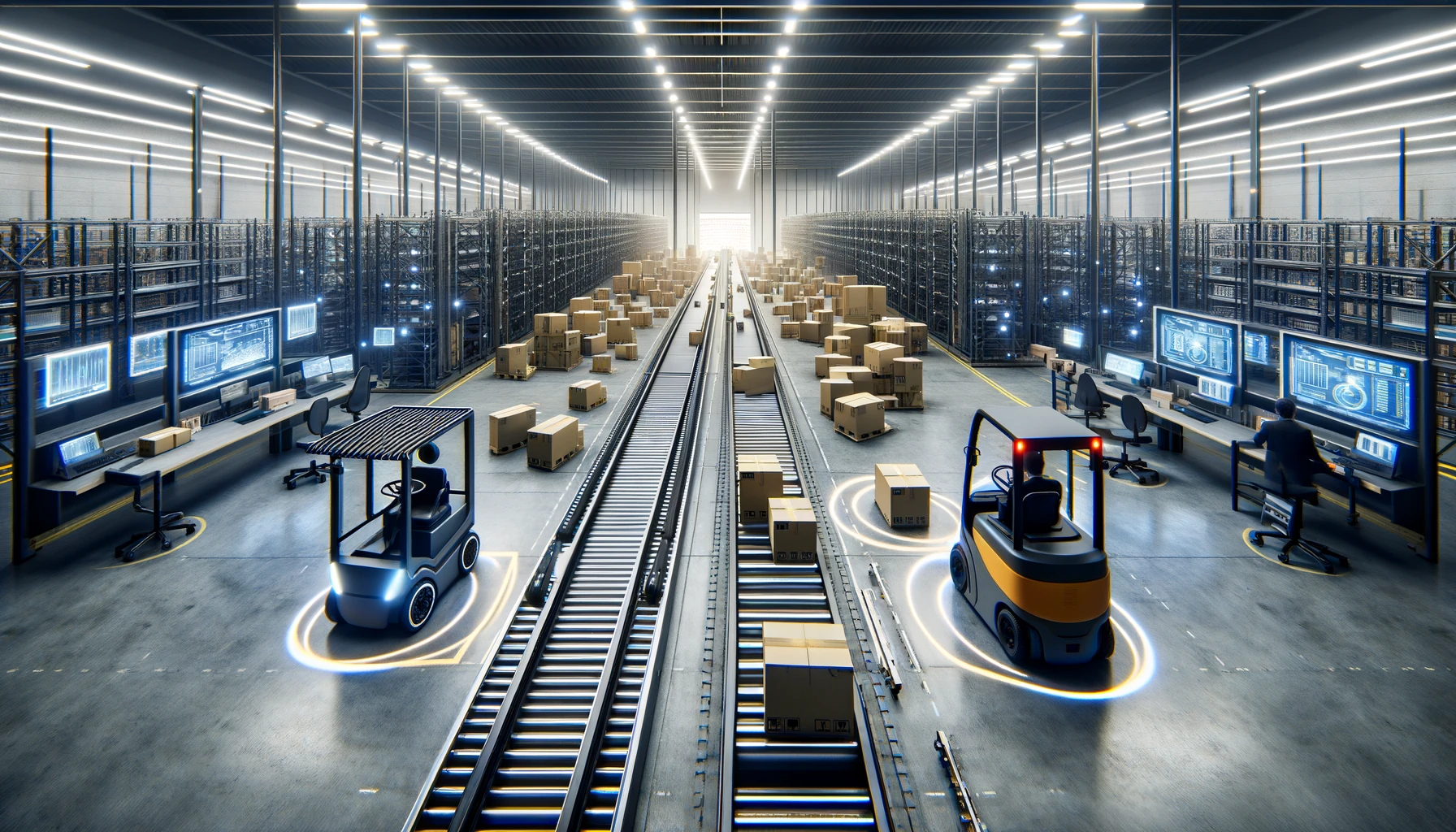 dall·e 2024 03 14 19.00.49 a wide angled view of a semi automated distribution center, blending traditional logistics elements with some elements of automation. instead of advan