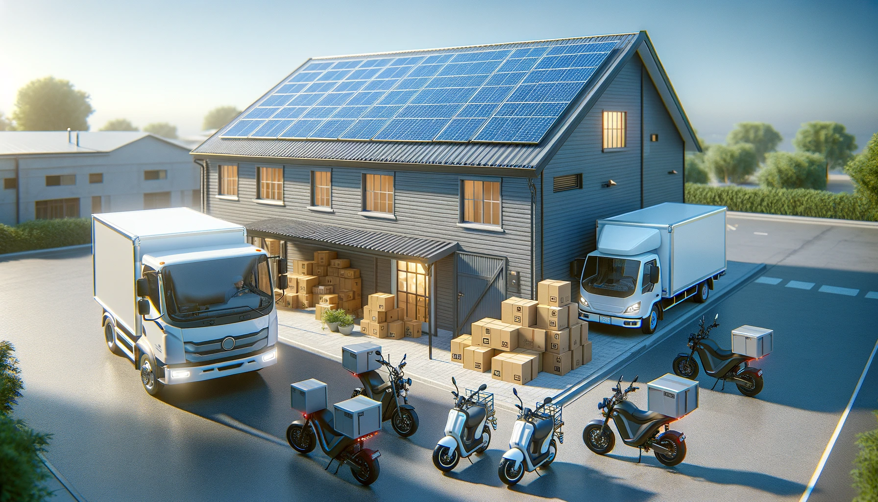 dall·e 2024 03 14 19.02.59 a more intimate view of a smaller, sustainable warehouse, with two electric delivery trucks and several electric motorcycles parked outside. the wareh